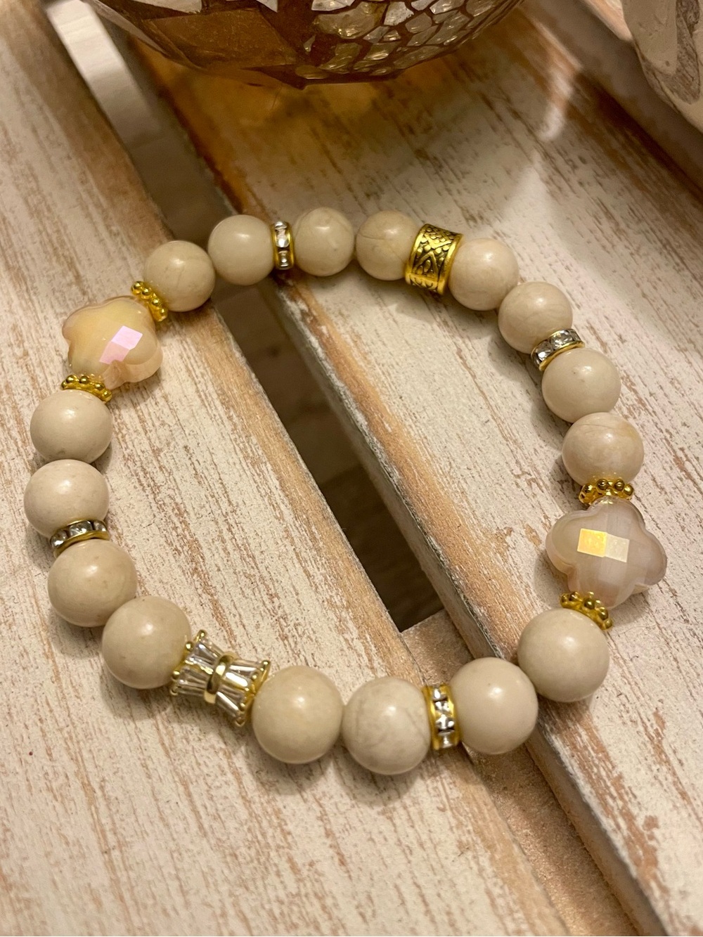 Cream Sandstone 8mm Bracelet with Clover beads cz accented, Gold accents stretch